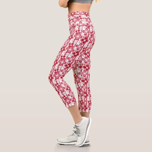 Red and white floral pattern capri leggings (Left)