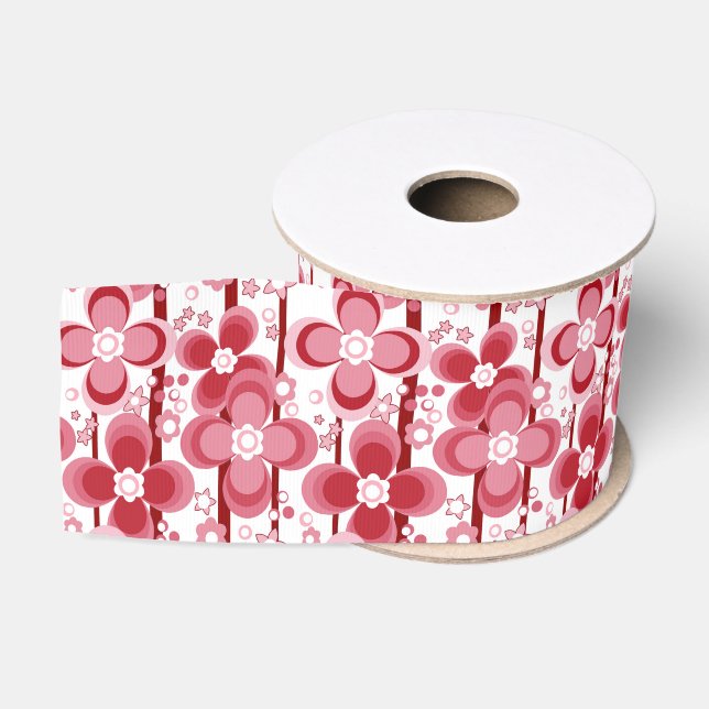 Red and white floral pattern grosgrain ribbon (Spool)