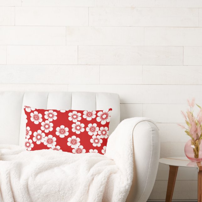 Red and white floral print pattern lumbar cushion (Couch)
