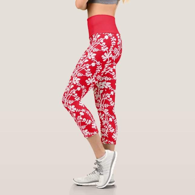 Red And White Floral Repeating Pattern Capri Leggings (Left)