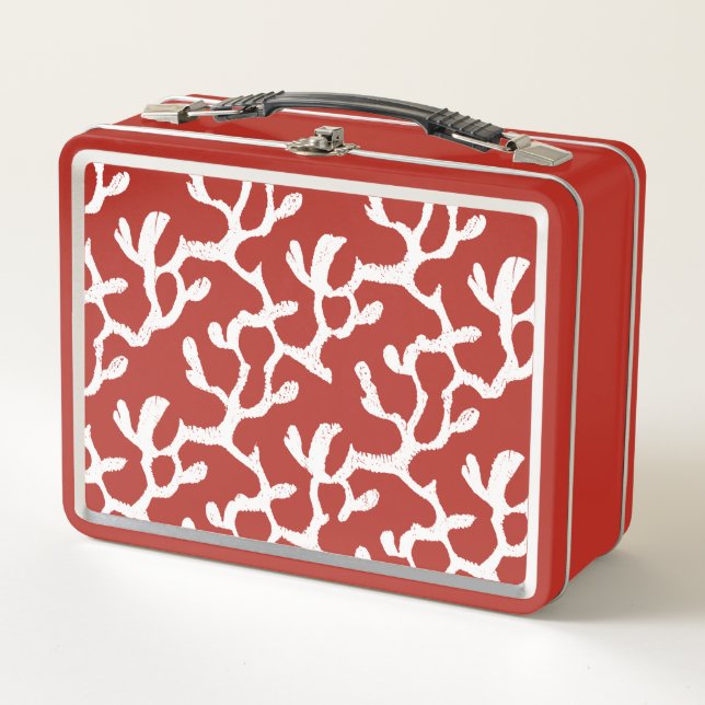 Red And White Floral Repeating Pattern Metal Lunch Box (Front)