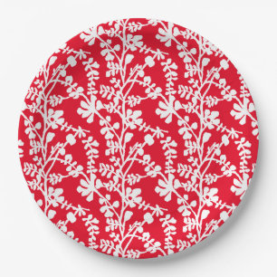 Red And White Floral Repeating Pattern Paper Plate
