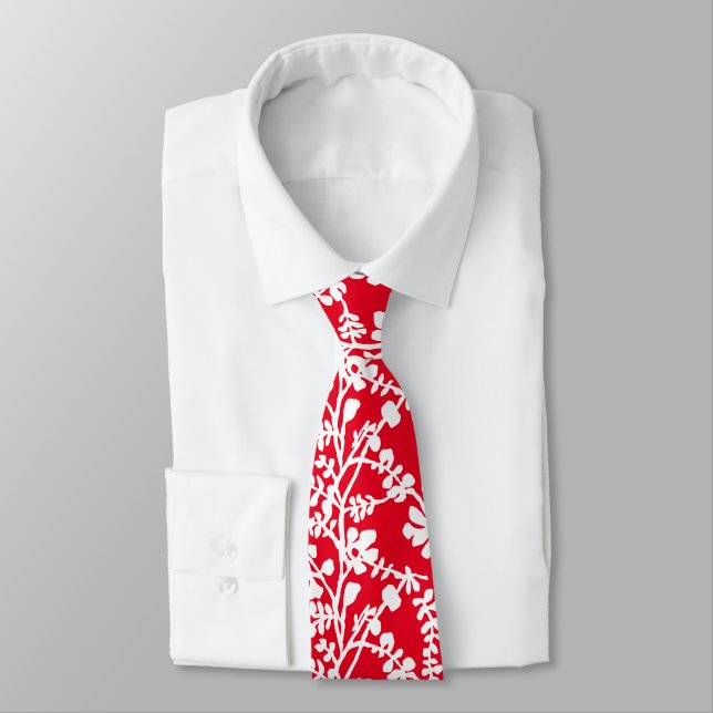 Red And White Floral Repeating Pattern Tie (Tied)