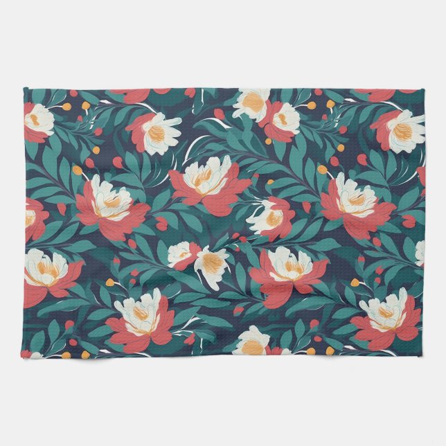Red and White Floral Tea Towel (Horizontal)