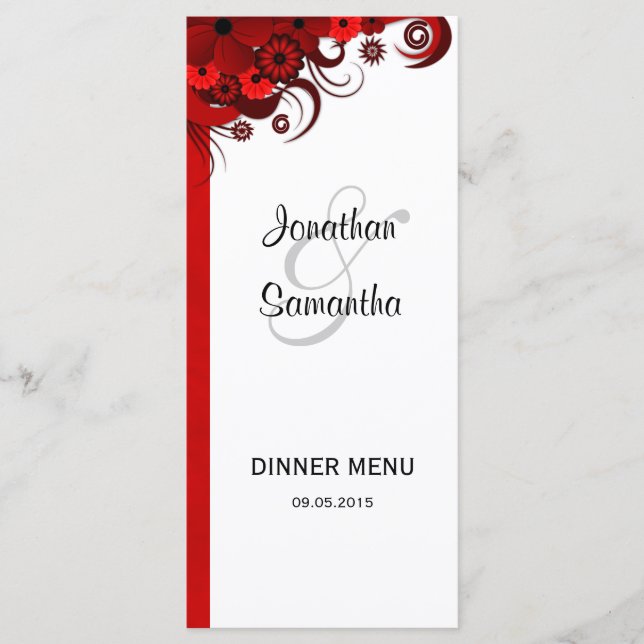 Red and White Floral Wedding Dinner Menu Cards (Front)