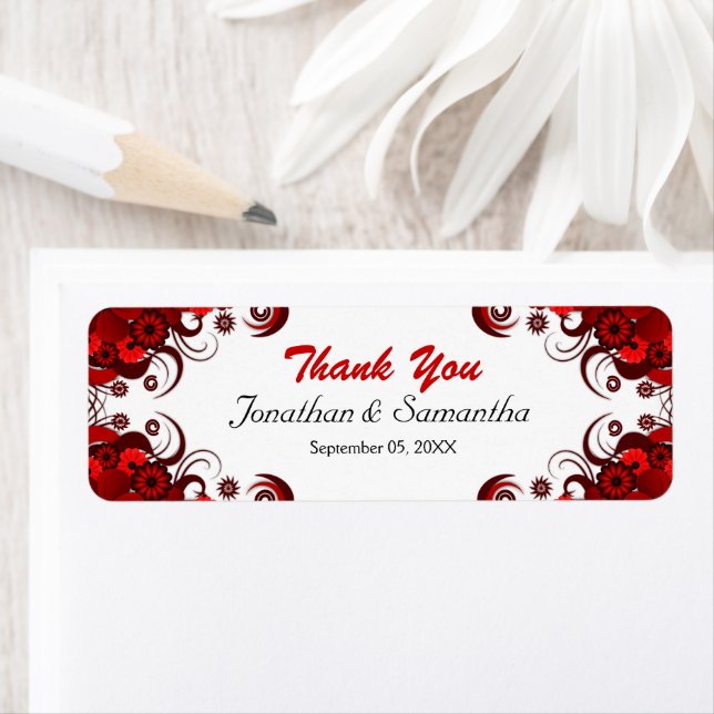 Red and White Floral Wedding Small Favour Labels (Insitu)