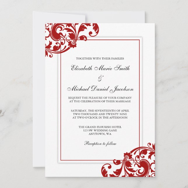 Red and White Flourish Swirls Wedding Invitation (Front)