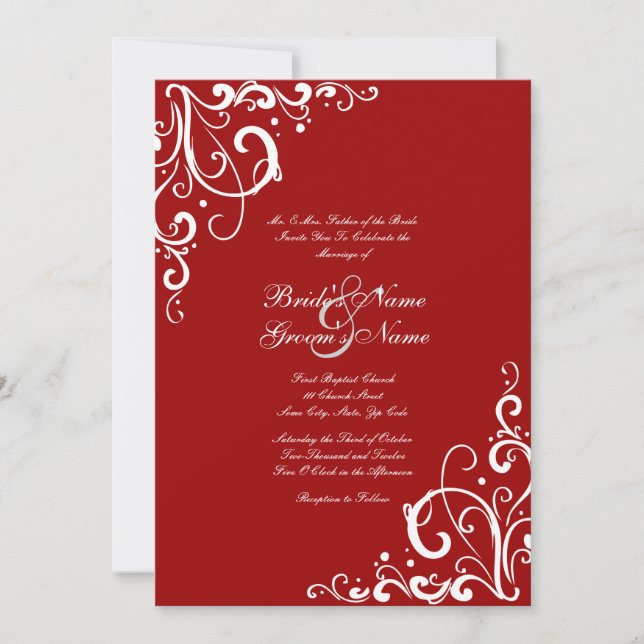 Red and White Flourish Wedding Invitation (Front)