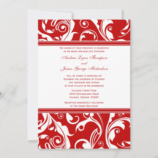 Red and White Flourish Wedding Invitation (Front)