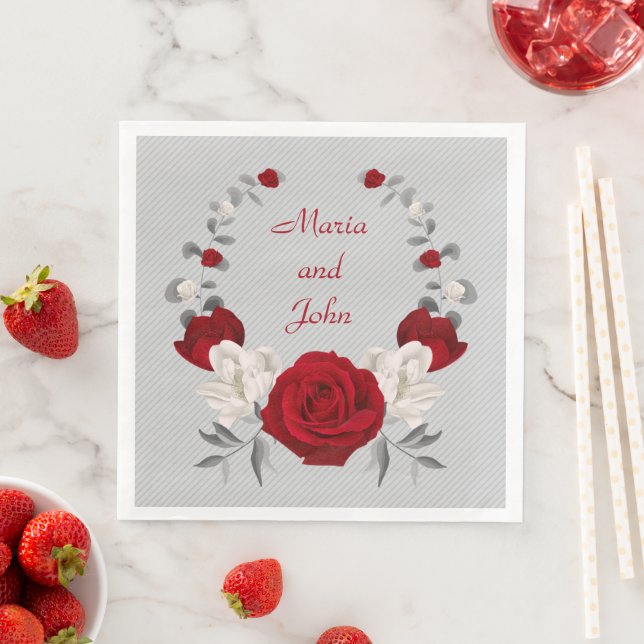 red and white flowers botanical wreath wedding napkin (Insitu)