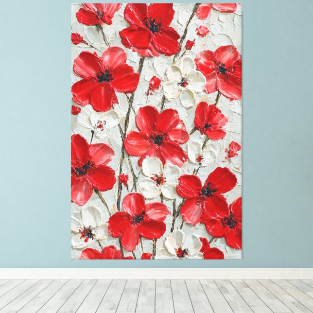 Red and White Flowers Impasto Wall Art (Insitu(Wood Floor))