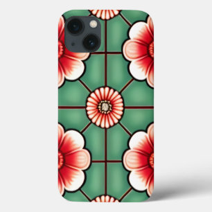 Red and White Flowers on Green Tiles iPhone 13 Case