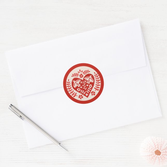 Red and White Folk Art Heart Classic Round Sticker (Envelope)