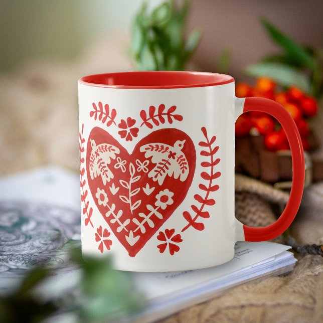 Red and White Folk Art Heart Mug (Creator Uploaded)