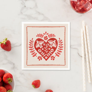 Red and White Folk Art Heart Napkin