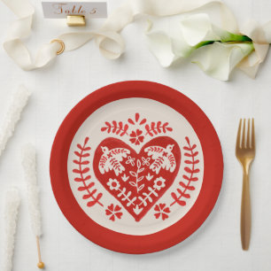 Red and White Folk Art Heart Paper Plate