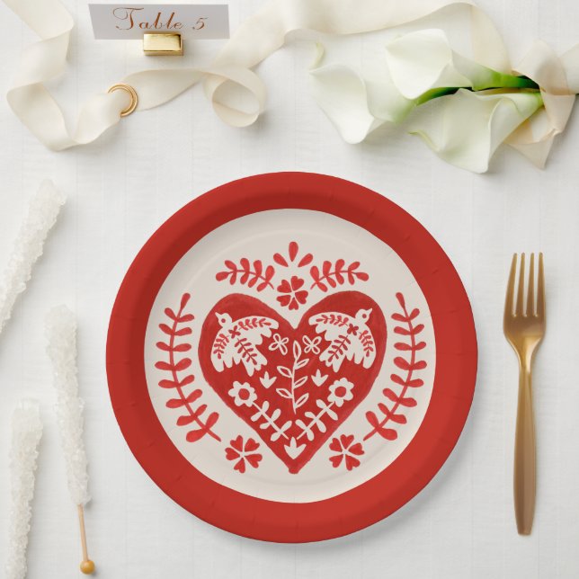 Red and White Folk Art Heart Paper Plate (Wedding)