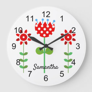 Red and White Folk Flowers Large Clock