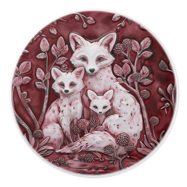 Red and White Fox Family Wood Animals Ceramic Knob (Front)