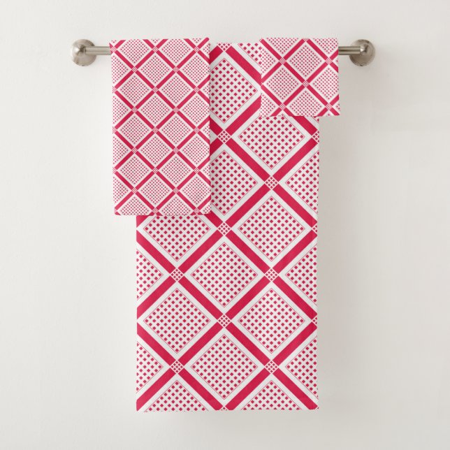 Red and white geometric checkered pattern retro    bath towel set (Insitu)