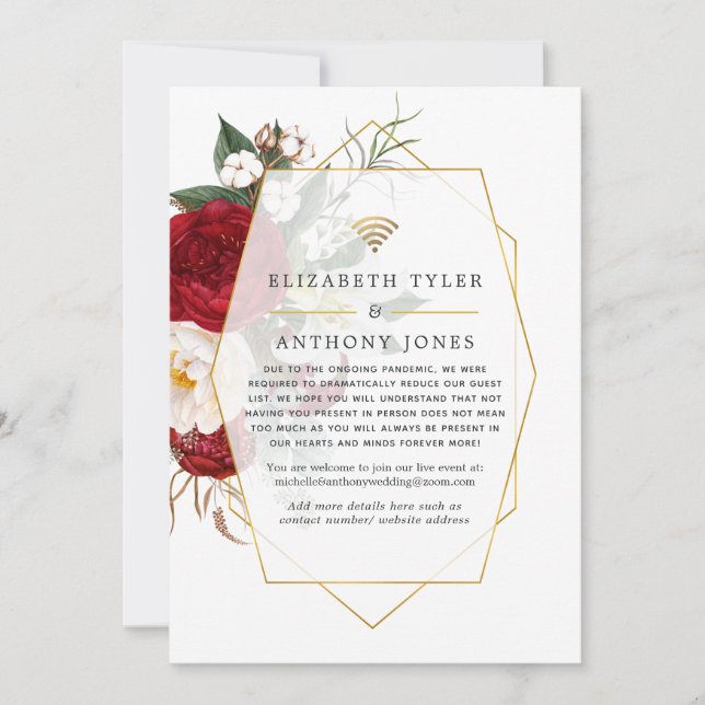 Red and White Geometric Virtual Wedding Guest List Announcement (Front)