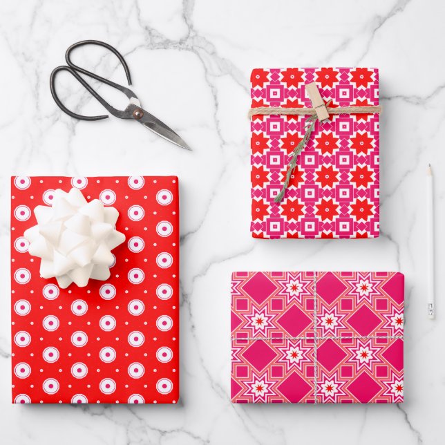 Red and White Geometrical Pattern Wrapping Paper Sheet (Front)