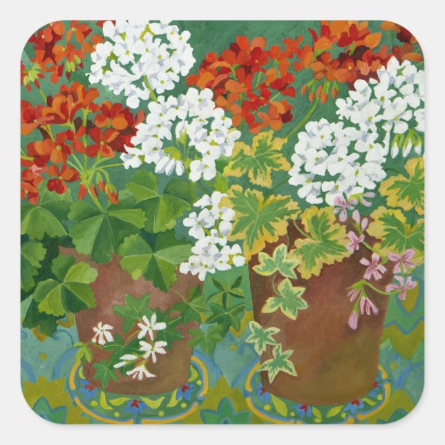 Red and white geraniums in pots 2013 square sticker (Front)