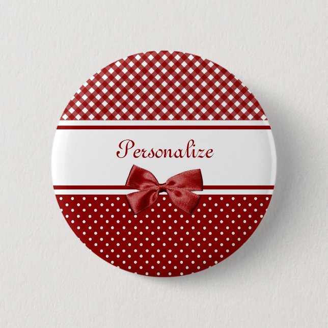 Red and White Gingham and Polka Dots With Name 6 Cm Round Badge (Front)