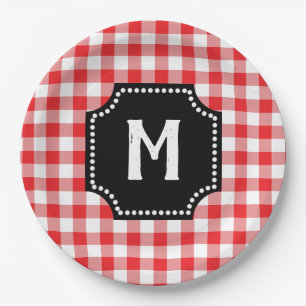 Red And White Gingham Buffalo Check Black Monogram Paper Plate
