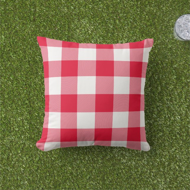 Red and White Gingham Check Buffalo Plaid Cushion (Grass)