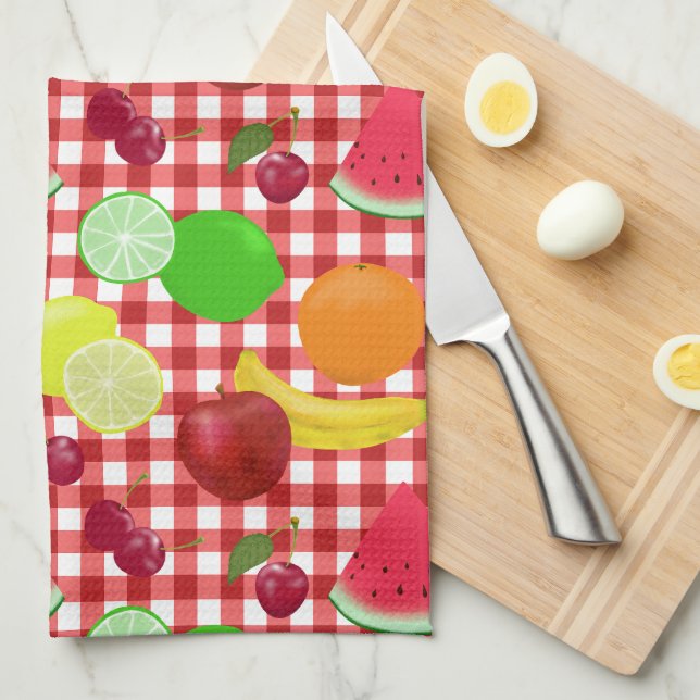 Red and White Gingham Check Fruits Pattern Tea Towel (Quarter Fold)