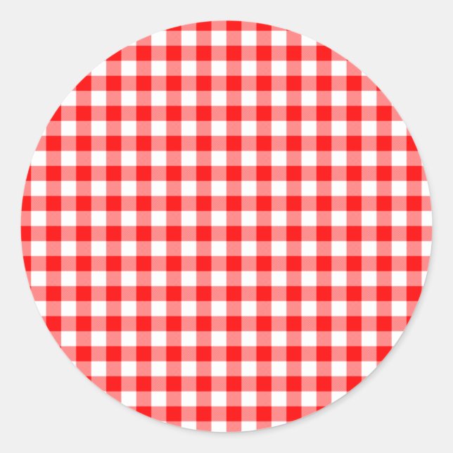 Red and White Gingham Checks Classic Round Sticker (Front)