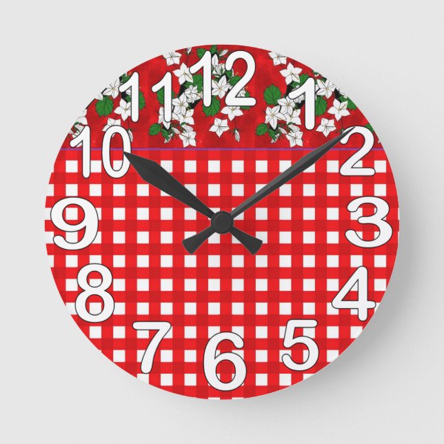 Red and white gingham country kitchen round clock (Front)