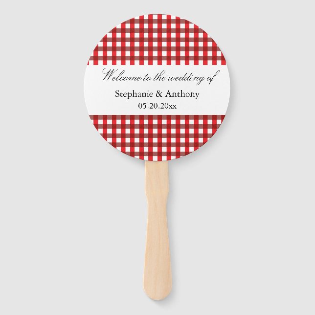 Red and White Gingham Pattern Barbeque hand fan (Front)