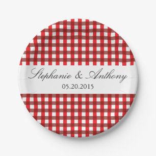 Red and White Gingham Pattern Barbeque Wedding Paper Plate