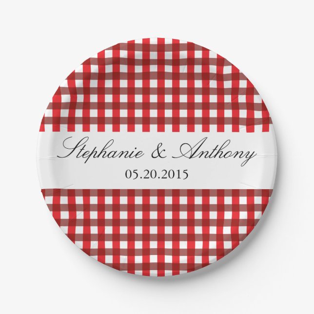 Red and White Gingham Pattern Barbeque Wedding Paper Plate (Front)