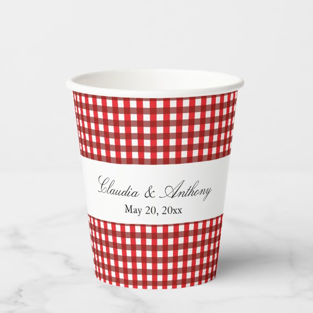 Red and White Gingham Pattern Barbeque Weddingb Paper Cups (Front)