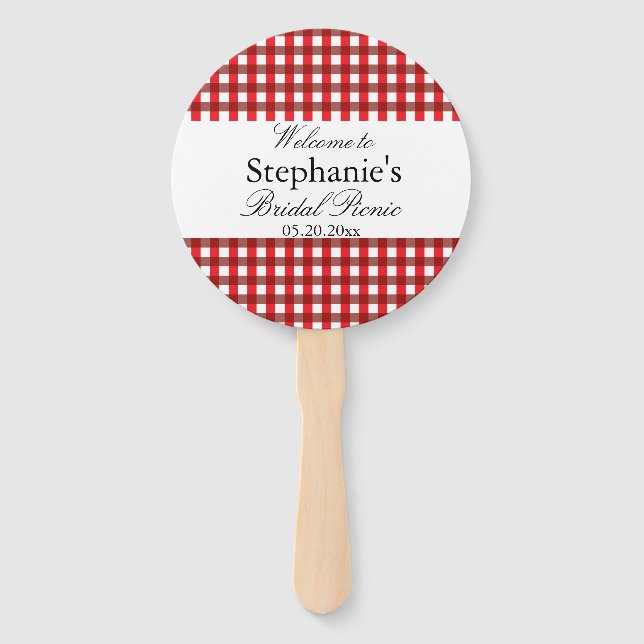 Red and White Gingham Pattern Bridal Picnic Hand Fan (Front)