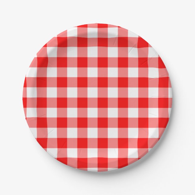 Red and White Gingham Pattern Paper Plate (Front)