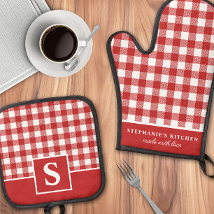 Red And White Gingham Plaid Chequered Monogrammed Oven Mitt & Pot Holder Set