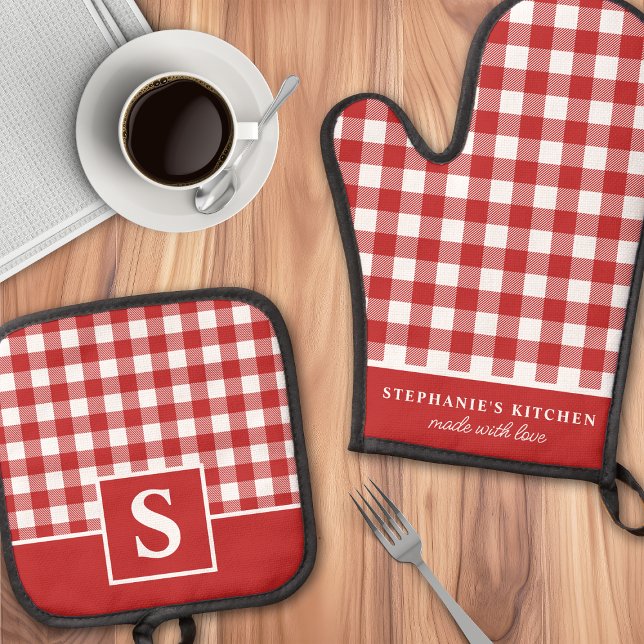 Red And White Gingham Plaid Chequered Monogrammed Oven Mitt & Pot Holder Set (Creator Uploaded)