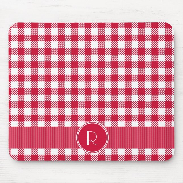 Red And White Gingham Plaid Pattern Personalised Mouse Pad (Front)