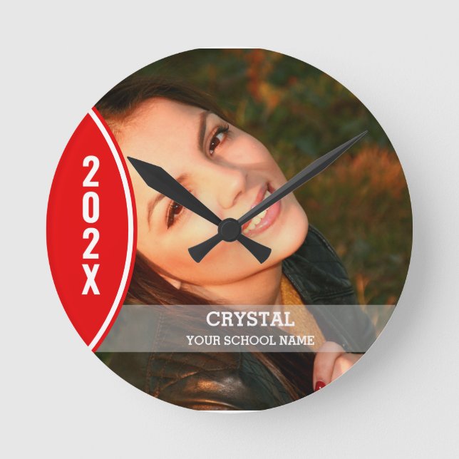 Red and White Graduation Photo Round Clock (Front)