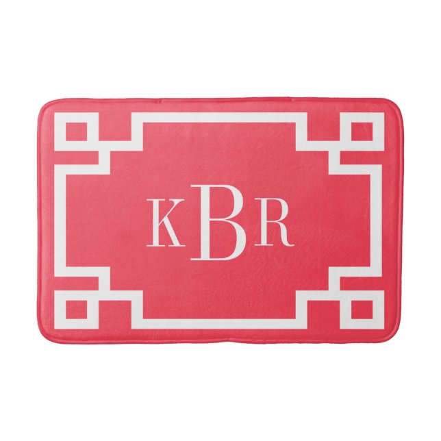 Red and White Greek Key Custom Monogram Bath Mat (Front)