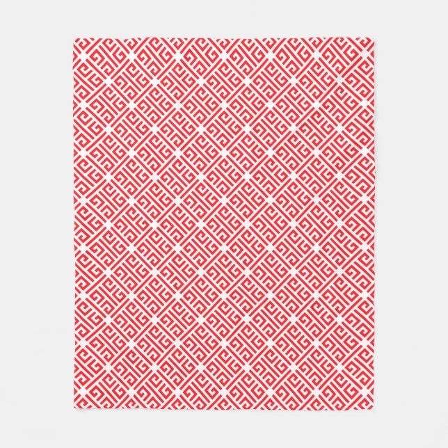 Red and white Greek Key Geometric Pattern Fleece Blanket (Front)