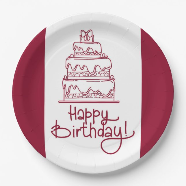 Red And White Happy Birthday Cake Design Paper Plate (Front)