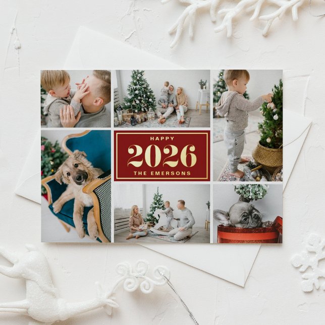 Red and White Happy New Year 2025 Photo Collage (Send 2026 new year cheer with this customizable gold foil photo collage Happy New Year Card. )