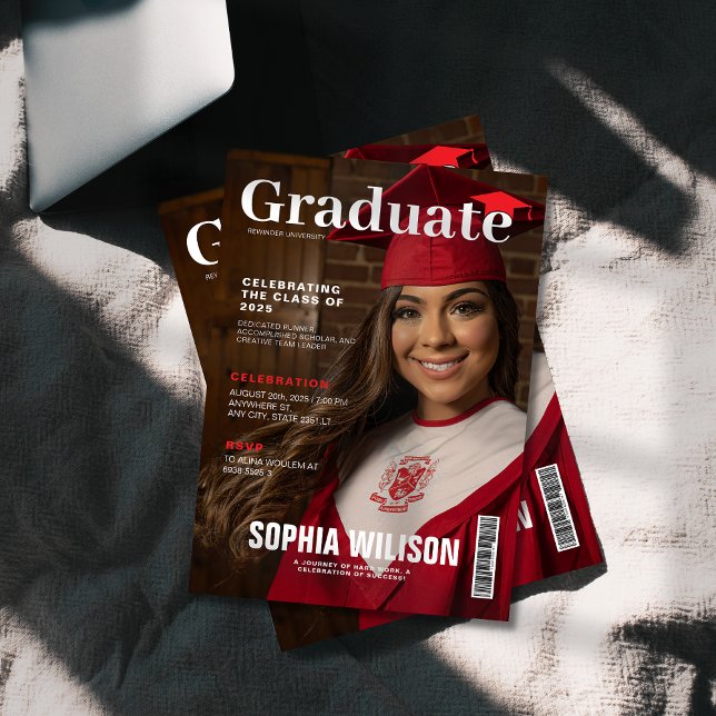  red and white hat magazine photo graduation  invitation (Creator Uploaded)