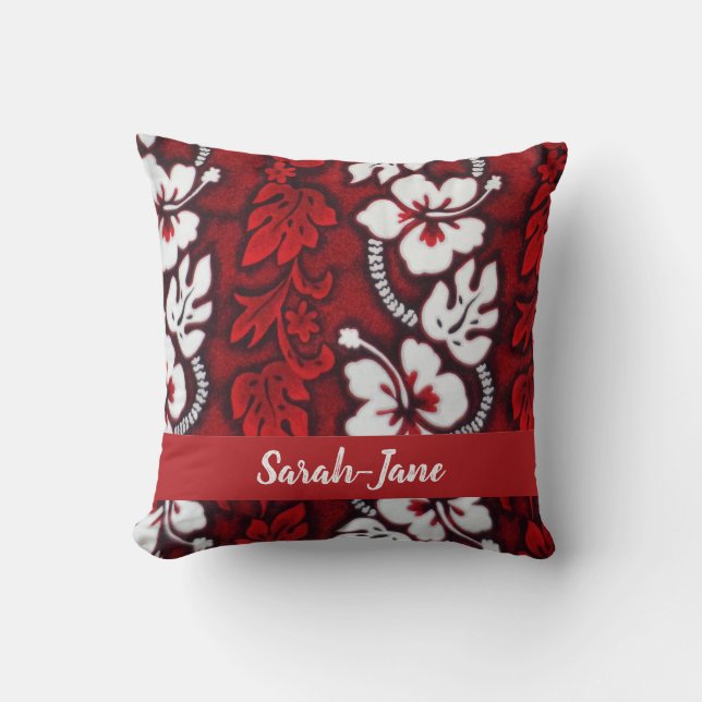 Red and White Hawaiian Hibiscus Tropical Floral Cushion (Front)