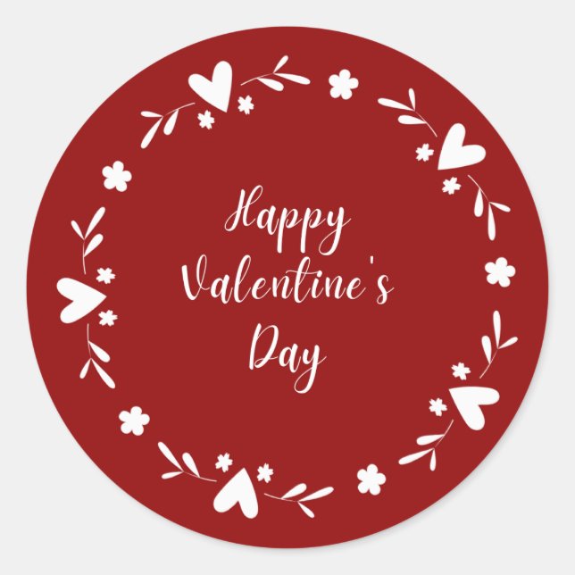 Red and white Heart Border Happy Valentines Day Classic Round Sticker (Front)